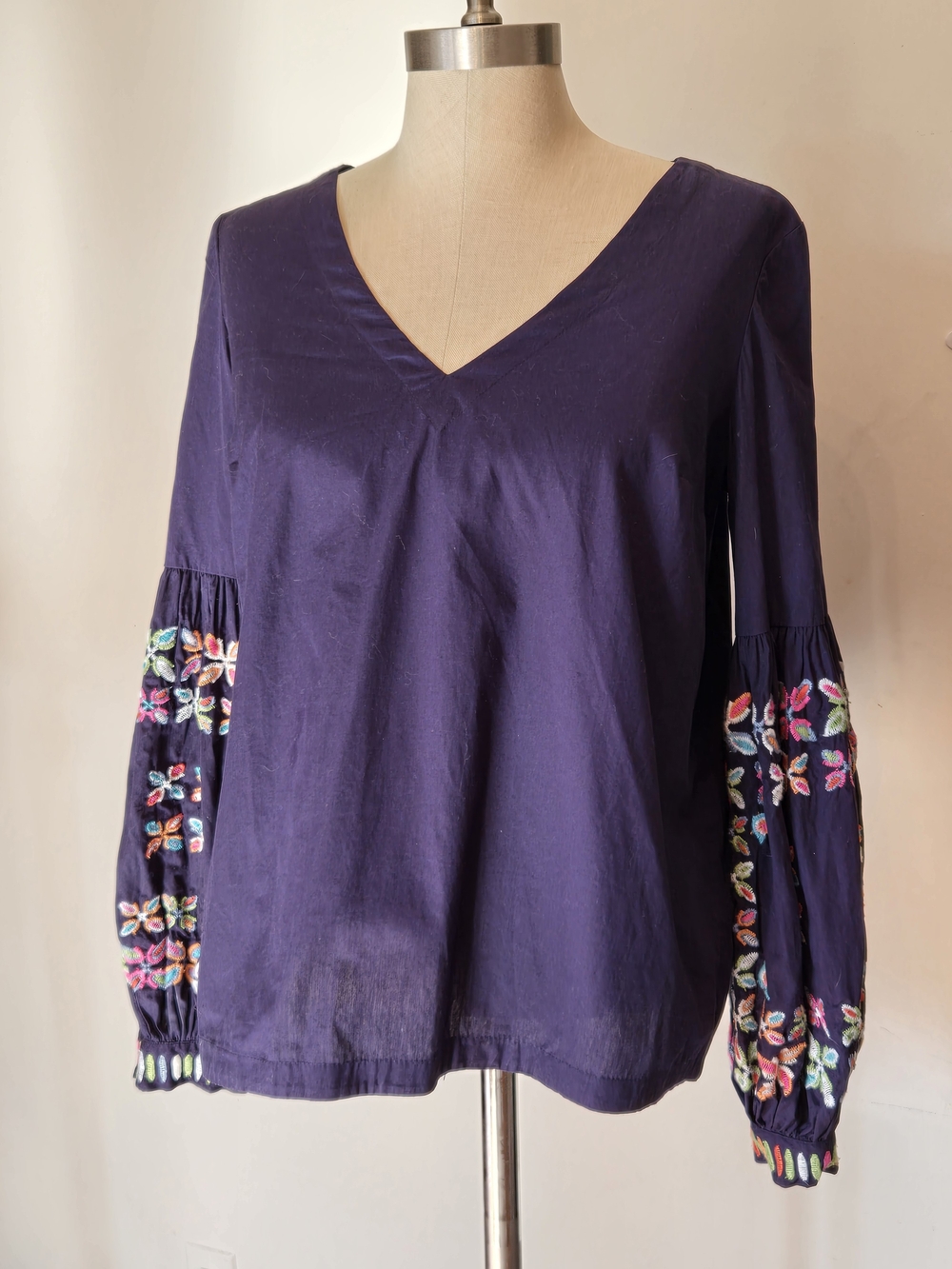 Anthropologie Purple V-Neck Top with Embroidered Bell Sleeves